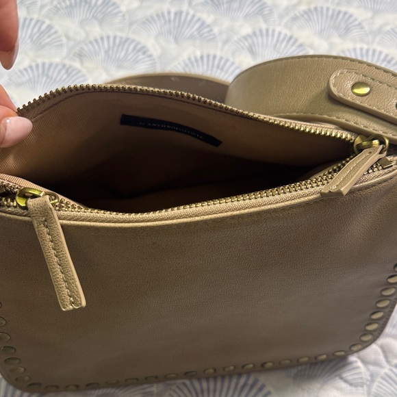 Anthropologie Studded Taupe Faux Leather Crossbody Bag Zip Top Neutral - Picture 3 of 7